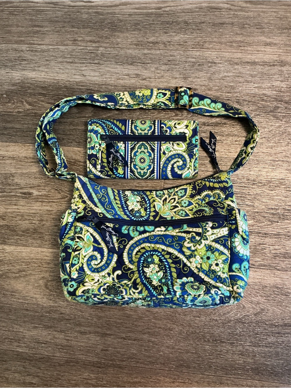 Vera Bradley Navy Blue and Green Paisley Quilted Crossbody with Matching Wallet